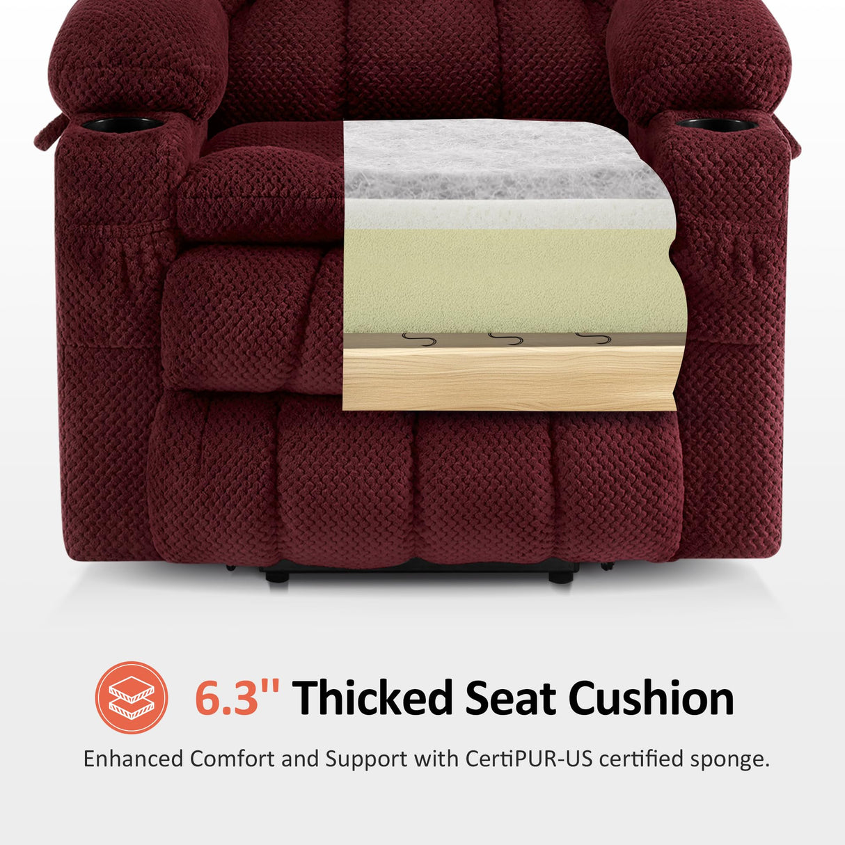 MCombo Dual Motor Power Lift Recliner Chair with Massage and Heat for Elderly People, Infinite Position, USB Ports, Cup Holders, Fabric 7890 (Medium, Burgundy) MCombo