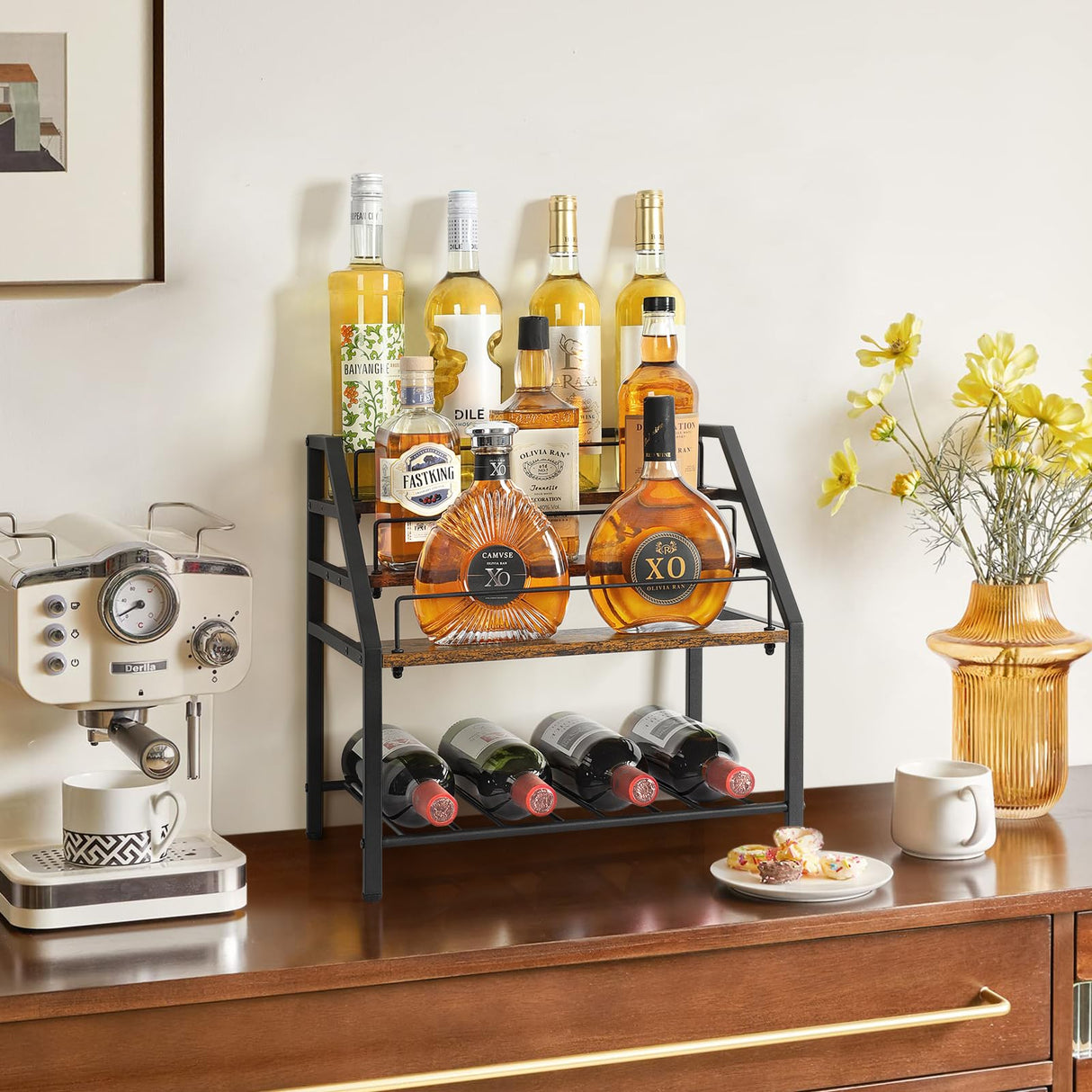 VINAEMO Wine Racks Countertop, 3-Tier Liquor Bottle Display Shelf, Coffee Syrup Organizer, Small Wine Rack, Wine Bottle Holder for Whiskey Bar, Retro Bar Shelves for Home Bar VINAEMO