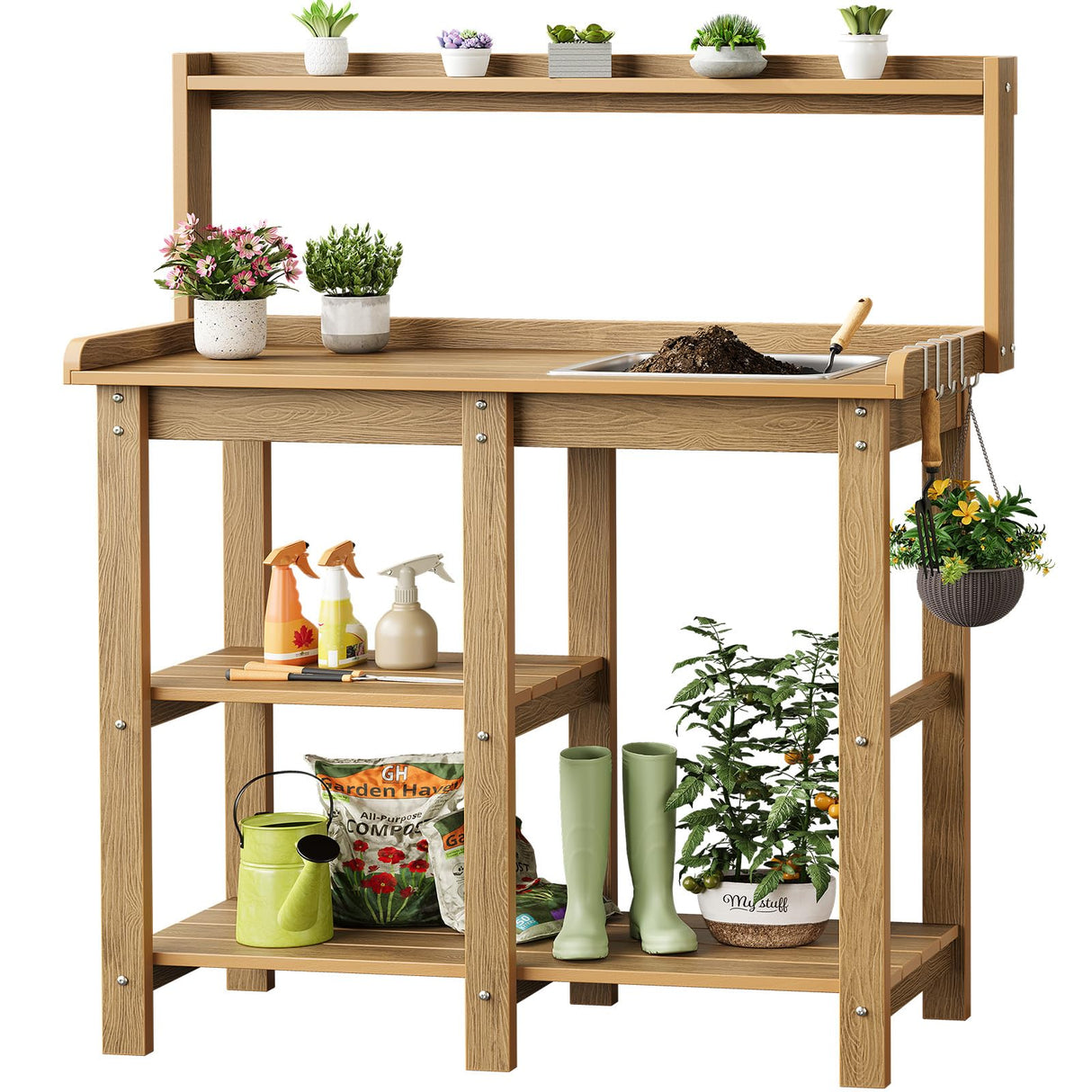 ONBRILL Potting Bench, Outdoor Potting Bench Table with Removable Sink, HDPS Potting Benches for Outside, Garden Table with Storage Shelves & 4 Side Hooks, No Rot, No Fade, No Break, 360lbs Capacity ONBRILL