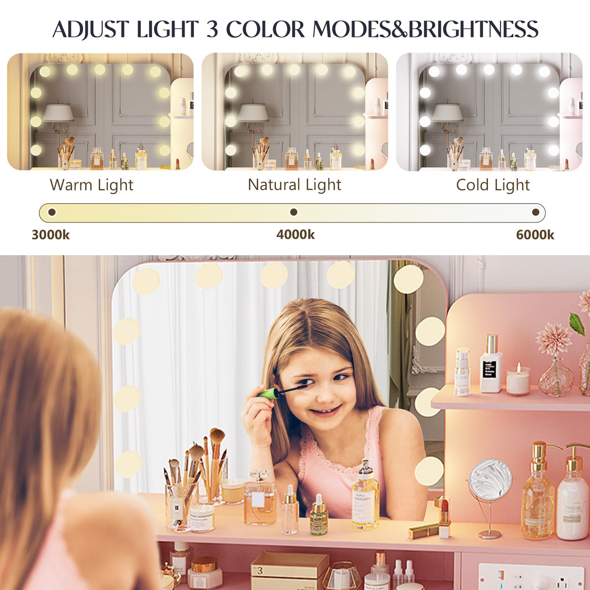 Lareth Makeup Vanity Desk with Lighted Mirror, 39.4 inch Small Vanity Table with Power Outlet, Bedroom Dressing Table, Adjustable Lights & 1 Cabinet 2 Drawers, Gifts for Teen Girls, Light Pink Lareth