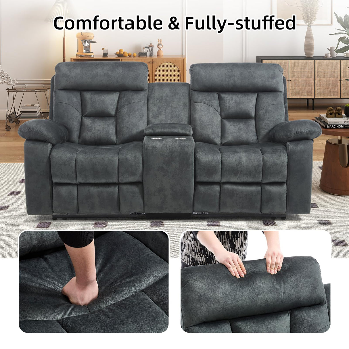 EBELLO Loveseat Recliner Sofa for Living Room, Extra Wide Modern Overstuffed 2 Seat Reclining Manual Sofa Chair, with Hidden Armrest Cup Holders, Breathable Fabric, Grey EBELLO