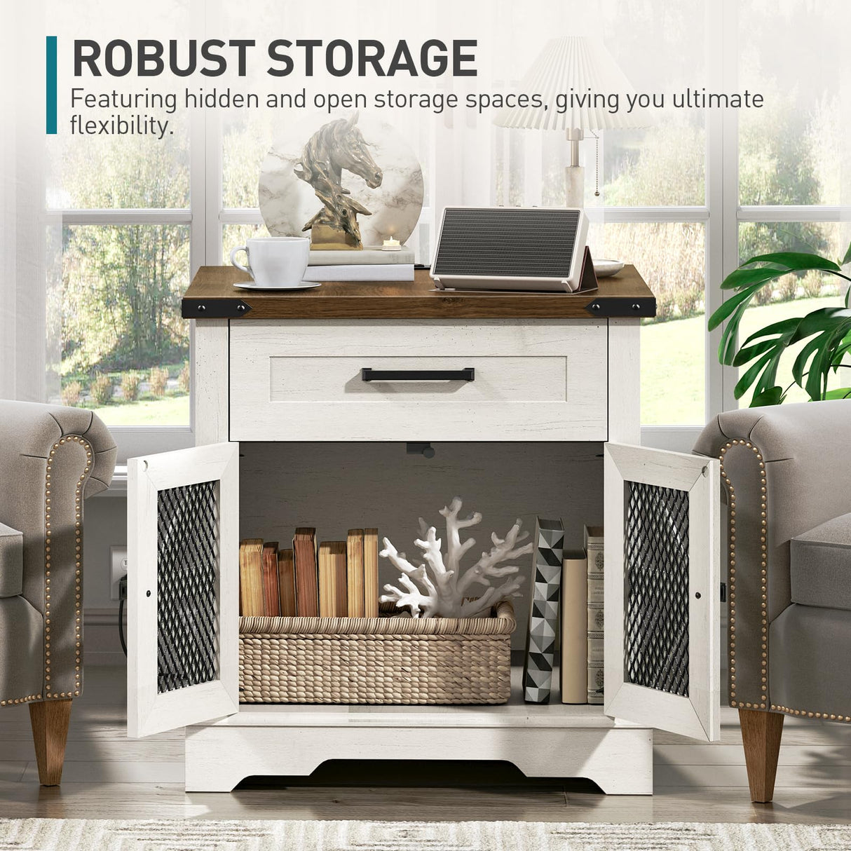 RALGEND White Farmhouse End Table with Charging Station, 24" Large Sofa Side Table with Drawer, Large End Table for Living Room, Wooden Nightstand with Outlet, Square, White and Walnut 66BZUWH RALGEND