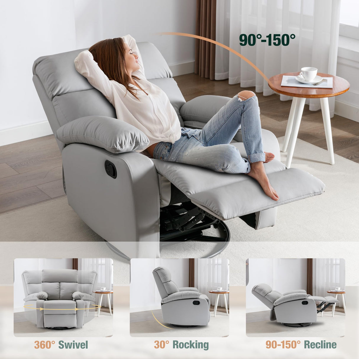 hzlagm Swivel Rocker Recliner, Rocking Recliner Chair, Small Rocker Recliners for Small Spaces, Living Room, Bedroom, Nursery, RV, Light Grey hzlagm