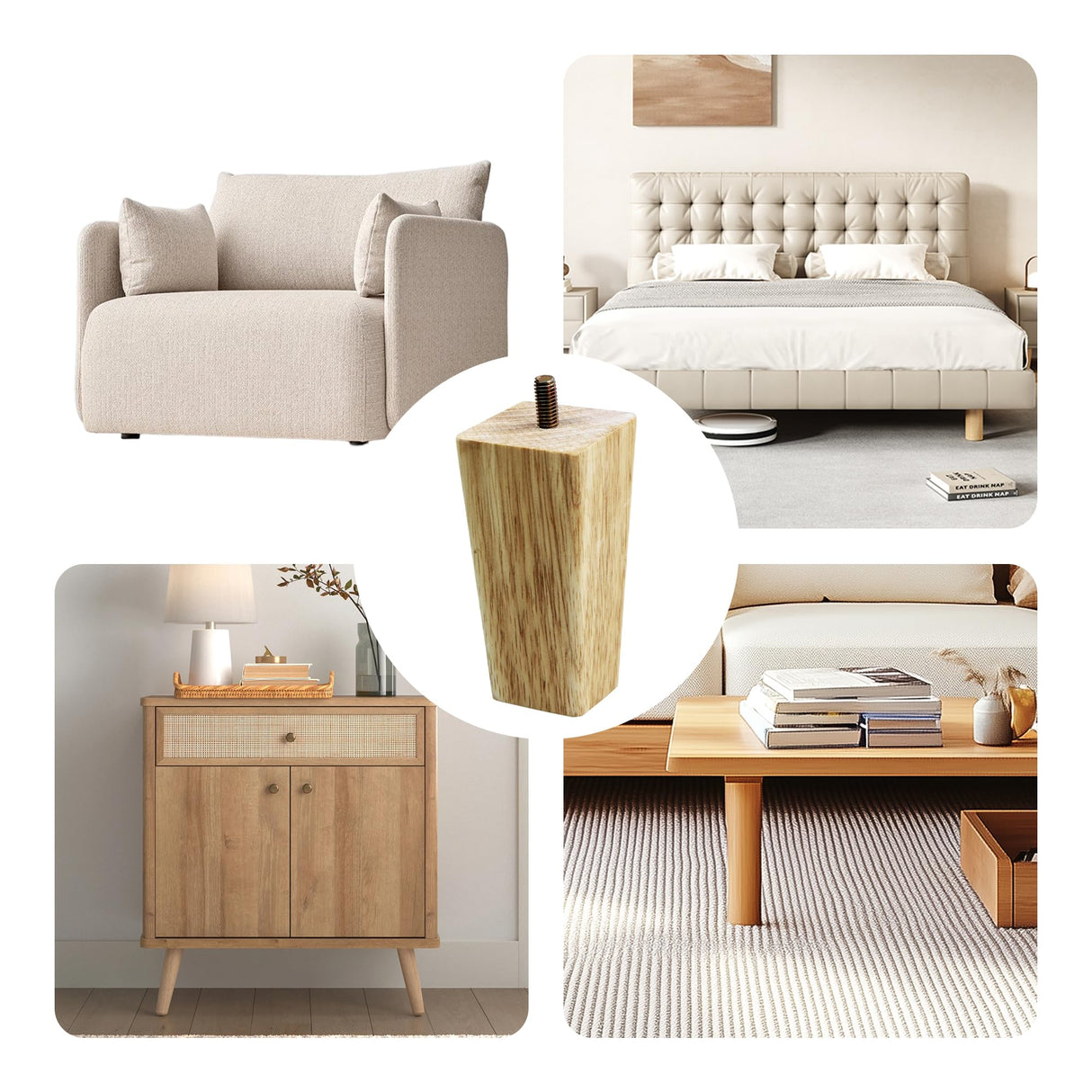 bociloy 4PCS 4 Inch Solid Wood Furniture Legs, Square Wooden Sofa Couch Feet Leg Replacement for Desk Cabinet Bench Dresser Chair Bookcase Risers Parts, Log Stain bociloy