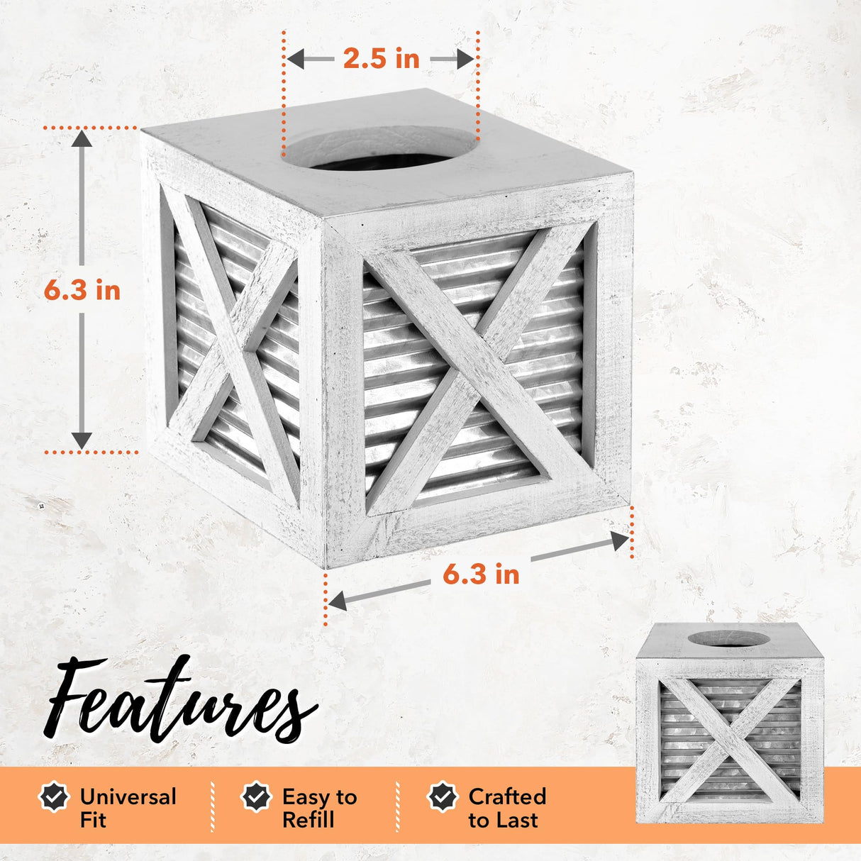 Autumn Alley Barn Door Square Farmhouse Tissue Box Cover in White and Galvanized – Farmhouse Bathroom Accessories – Rustic Bathroom Décor Tissue Holder | Wood Shabby Chic Tissue Box Cover Autumn Alley