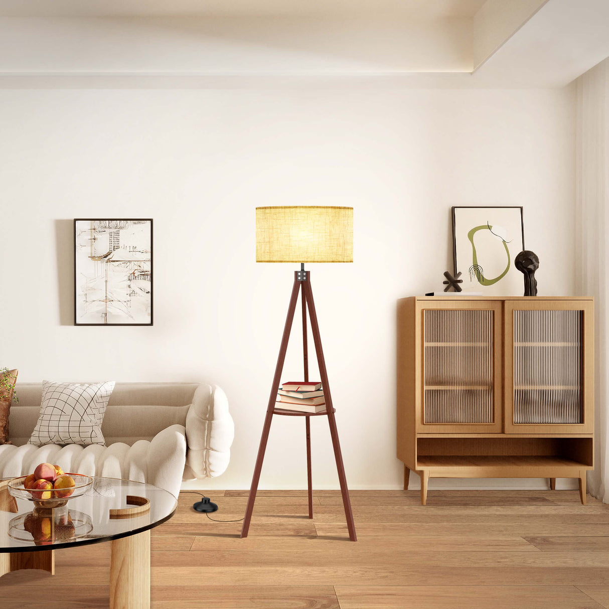 LEPOWER Tripod Floor Lamp, Mid Century Wood Standing Lamp, Modern Design Shelf Floor Lamp for Living Room, Bedroom, Office, Flaxen Lamp Shade with E26 Lamp Base LEPOWER