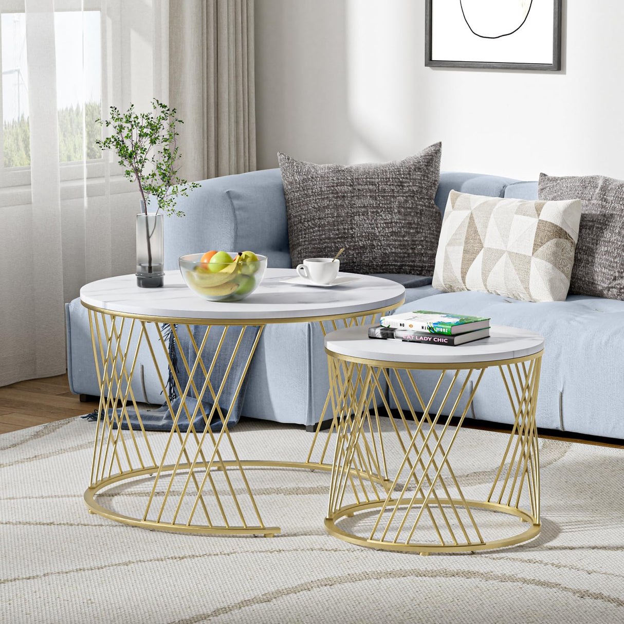 Giluta Round Coffee Table Set of 2, Modern Coffee Tables for Living Room, Faux Marble Center Table, Nesting Coffee Table Simple Nightstand Giluta