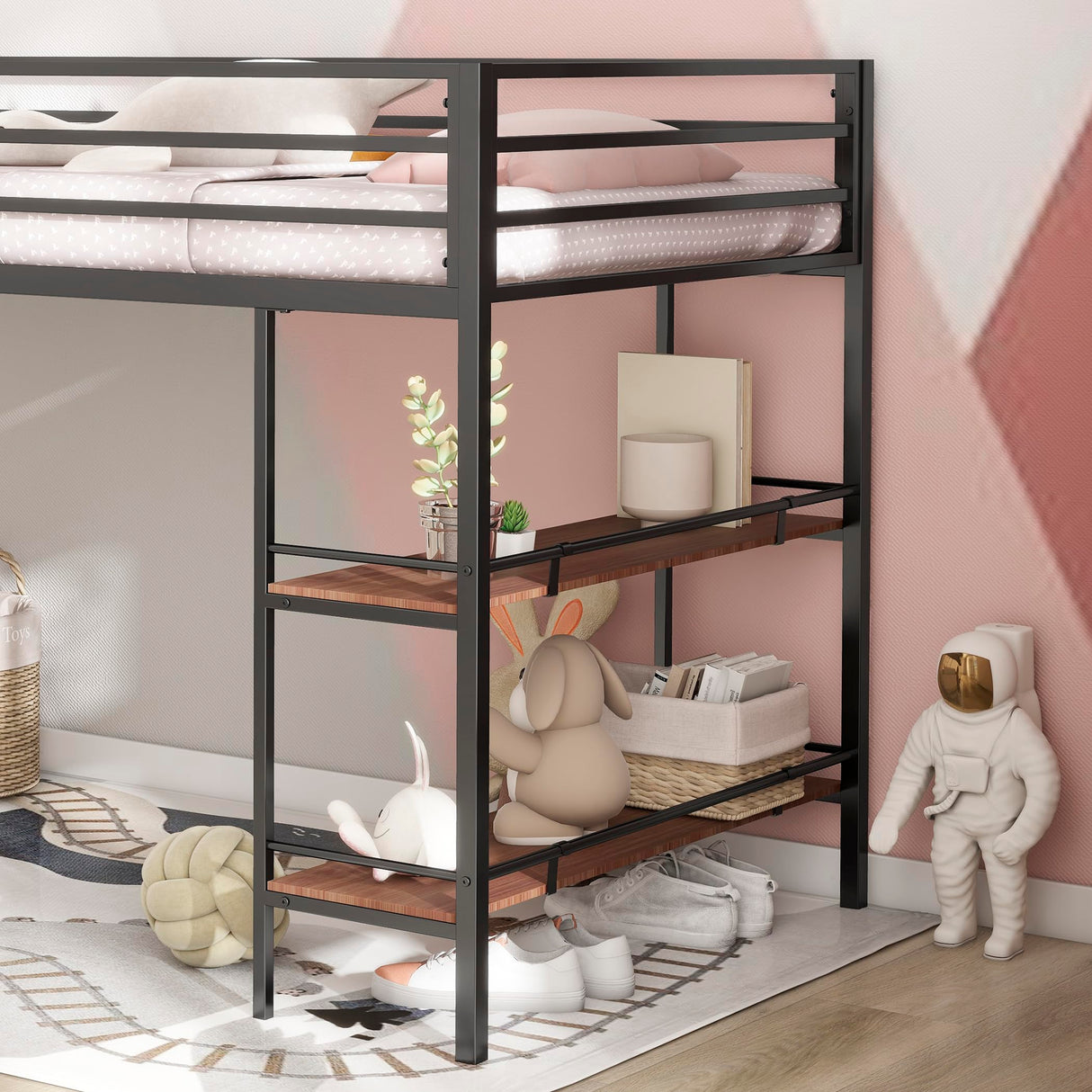 Twin Size Low Loft Bed with Storage Shelves for Kids,Kids Loft Bed Twin Size,Metal Loft Bed Frame for Boys Girls,Junior Low Loft Bed,Black Bellemave