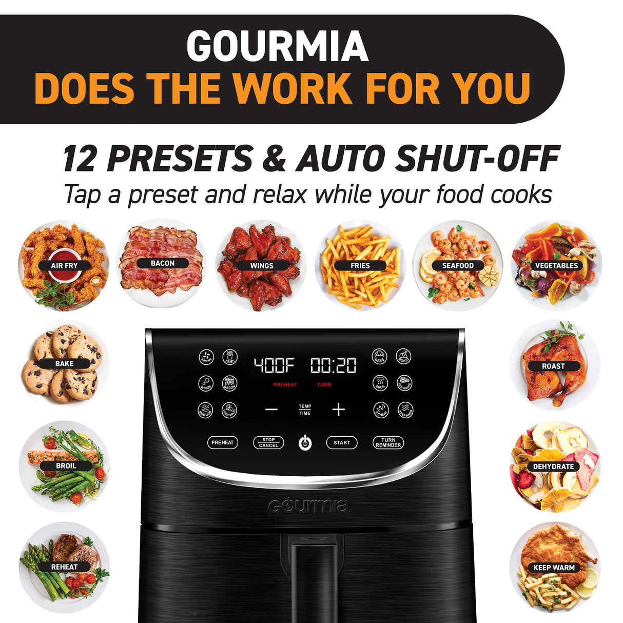 Gourmia Air Fryer Oven Digital Display 7 Quart Large AirFryer Cooker 12 Touch Cooking Presets, XL Air Fryer Basket 1700w Power Multifunction GAF716 Black and Stainless Steel Accents FRY FORCE 360° Gourmia