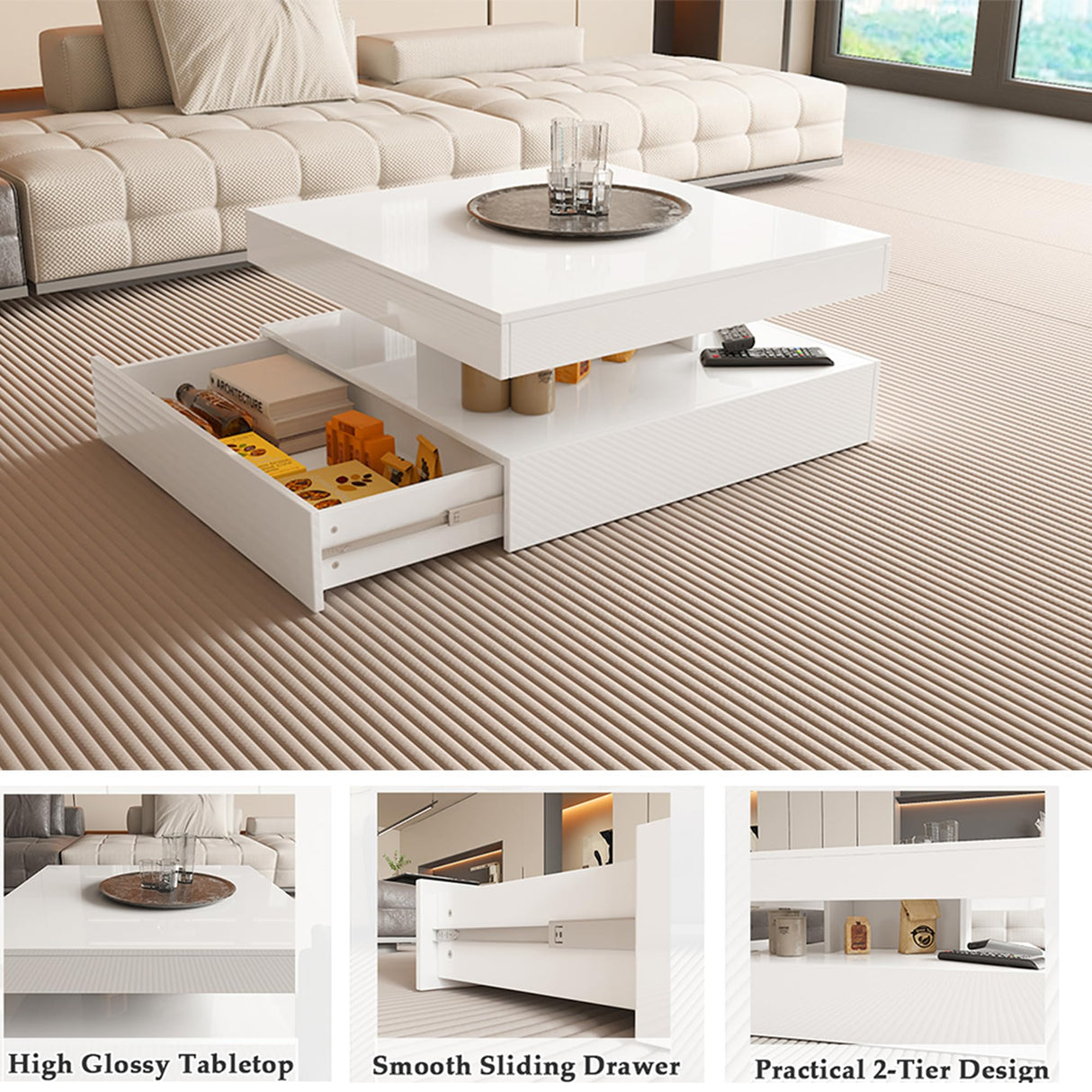 White LED Coffee Table for Living Room, Square Coffee Table with Lights, Lighted Cocktail Table, Mid Century Table with Lights, Modern Center Table with Storage, High Glossy Surface, 30 Inch WoodArtSupply