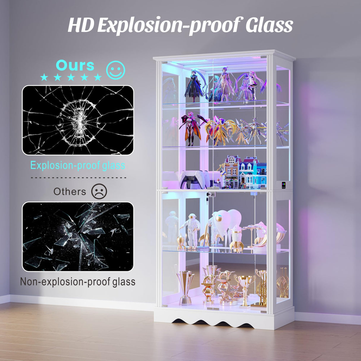 HWB 71" Glass Door Curio Cabinet with RGB LED Lights (White) HWB