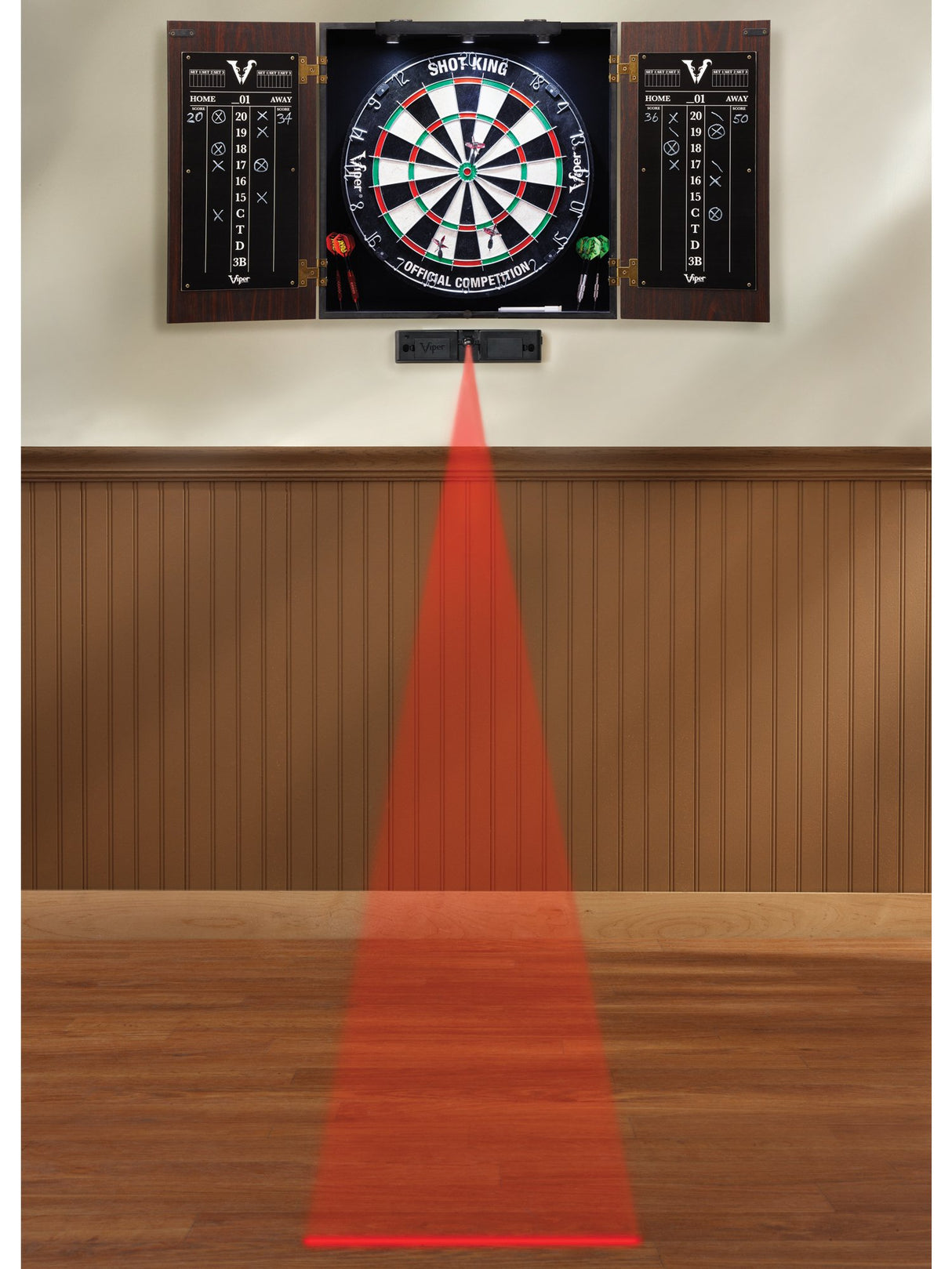 Viper Stadium Cabinet & Shot King Sisal/Bristle Dartboard Ready-to-Play Bundle: Elite Set (Shot King Dartboard, Darts, Shadow Buster and Laser Throw Line), Black (40-1213) Viper