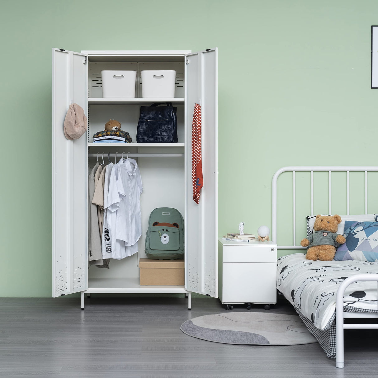 BESFUR Bedroom Armoires, White Metal Armoire with Hanging Rod, Adjustable Shelves, 20" D x 31.5" W x 74" H - White BESFUR