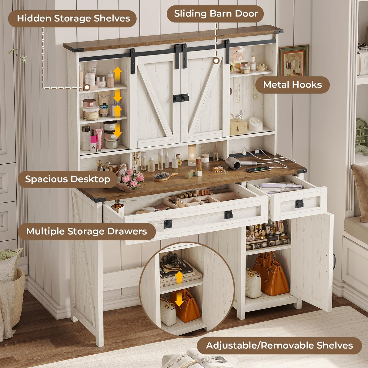 VIAGDO Farmhouse Makeup Vanity Desk with Sliding Door and Lights, Vanity Table with Charging Station & 2 Drawers, Rustic Big Vanity Table with Hooks/Shelves/Hidden Space for Bedroom VIAGDO