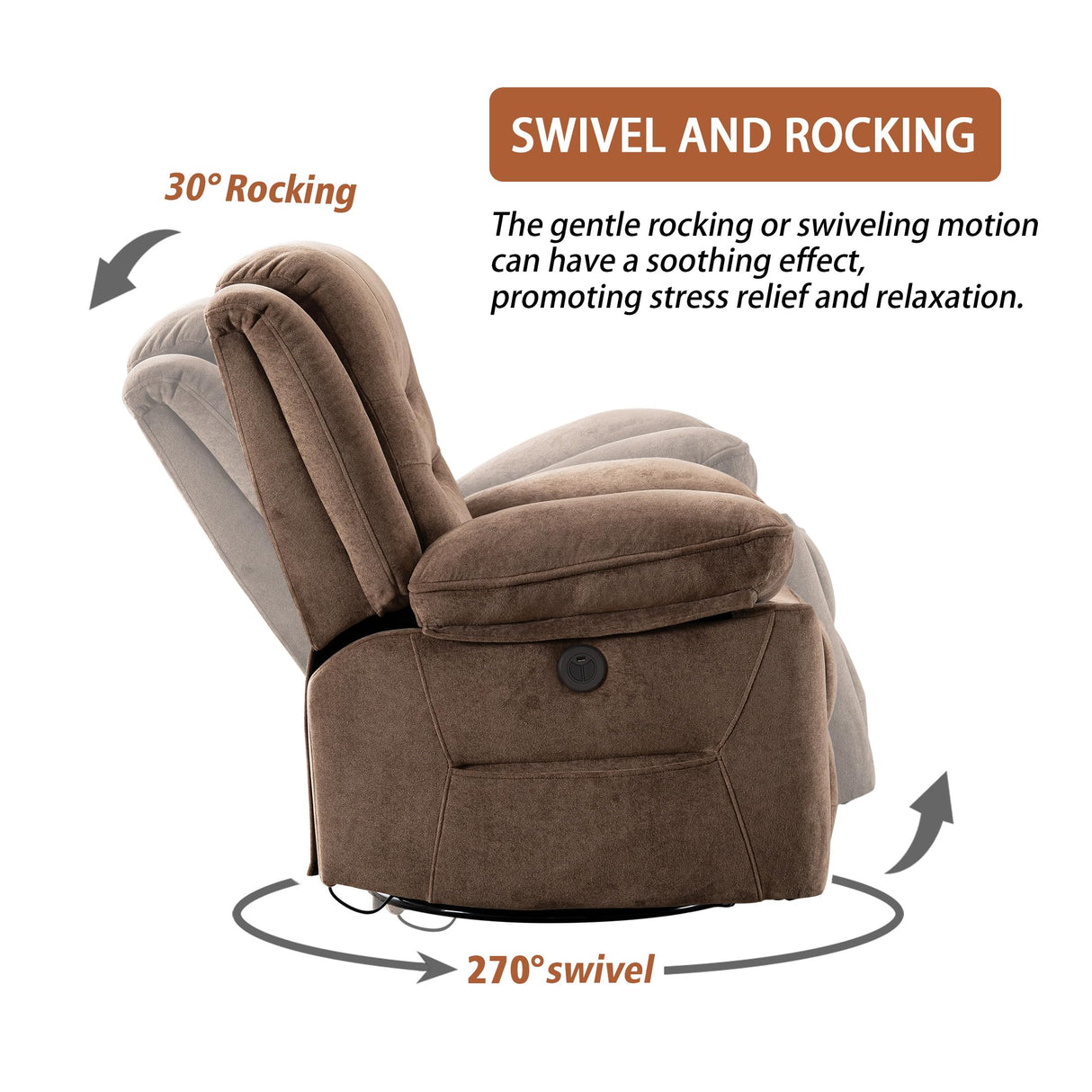 Ketaiyou Power Swivel Rocker Recliner with Massage and Heat, USB Port, Infinite Position, Overstuffed Electric Glider Rocking Chairs Living Room, Soft Fabric Reclining Sofa Chair(Mocha) Ketaiyou