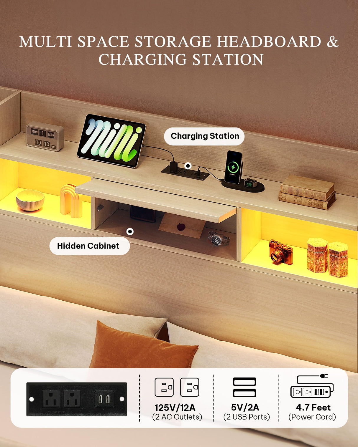 YITAHOME King Bed Frame with Bookcase Headboard and 4 Storage Drawers, RGB LED Bed with Type-C & USB Charging Station Storage Headboard Bed Frame, No Box Spring Needed, Noise Free, Antique White YITAHOME