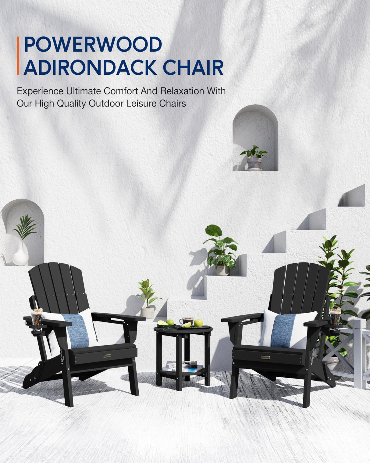 POWERWOOD Folding Adirondack Chair Wood Texture, HDPE Higher Back Plastic Adirondack Chairs with Cup Holder, Weather Resistant Composite Chair for Outdoor, Patio, Lawn, Garden, Fire Pit Chairs (Black) POWERWOOD