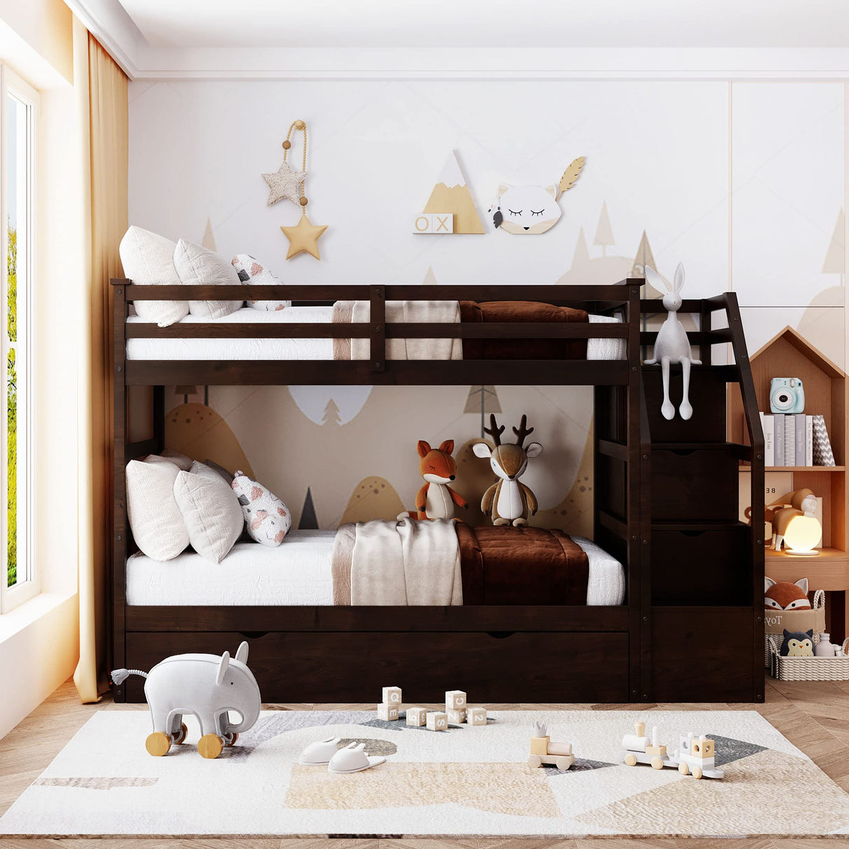 Harper & Bright Designs Twin Over Twin Bunk Beds with Trundle,Wooden Twin Size Bunk Bed Frame with Stairs, Kids Bunk Bed with Storage for Family,Teens,No Box Spring Needed,Espresso Harper & Bright Designs