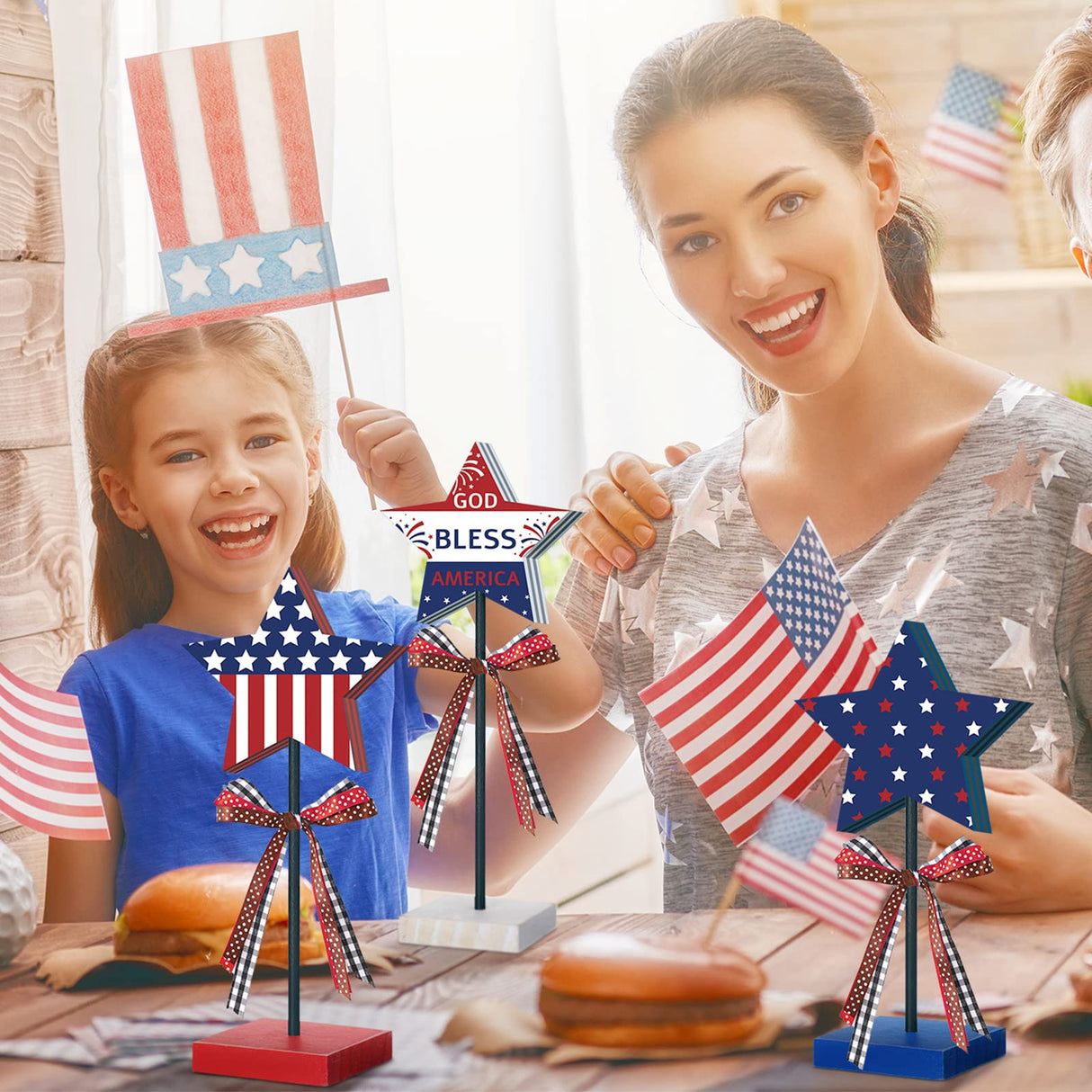 3 Pcs 4th of July Stars Decoration Patriotic Centerpieces Wooden Standing Star Block Memorial Day Decoration Rustic Independence Day Centerpieces for American Festival Home (Bright Style) Amyhill