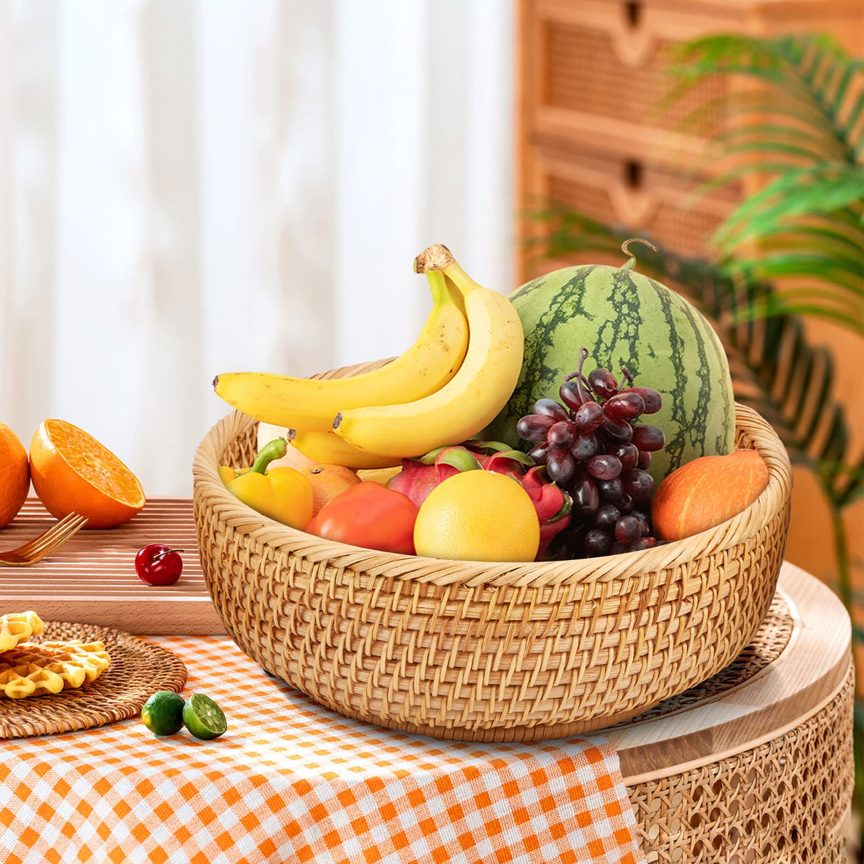 Whalehub Natural Rattan Round Fruit Basket Bowls, Hand Woven Decor Serving Baskets, Wicker Storage for Dinning Room (Round-Small) Whalehub