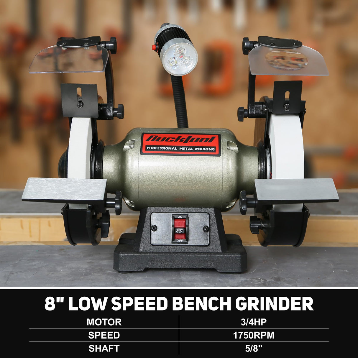 BUCKTOOL 8 Inch 3/4 HP Low-Speed Bench Grinder fit CBN Wheel Professional Wobble-free Wheel Grinder TDS-200C4HL Bucktool