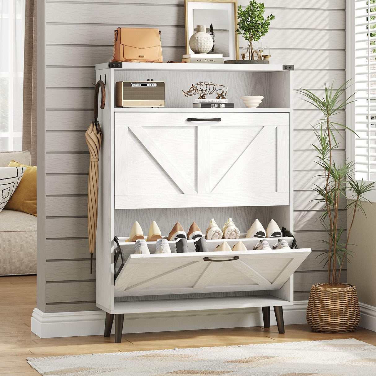 Vabches Shoe Storage Cabinet with 2 Flip Drawers,Freestanding Narrow Shoe Organizer with Open Storage,Hidden Slim Organizer Rack for Entryway,Hallway,White Vabches