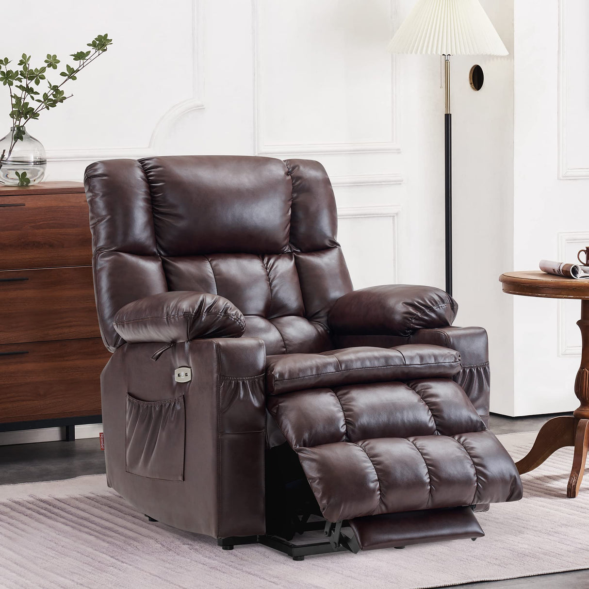 MCombo Dual Motor Power Lift Recliner Chair for Elderly, Infinite Position Lay Flat Lift Chair with Heat and Massage for Seniors, Cup Holders, USB Ports, Faux Leather 7890 (Dark Brown, Medium-Regular) MCombo