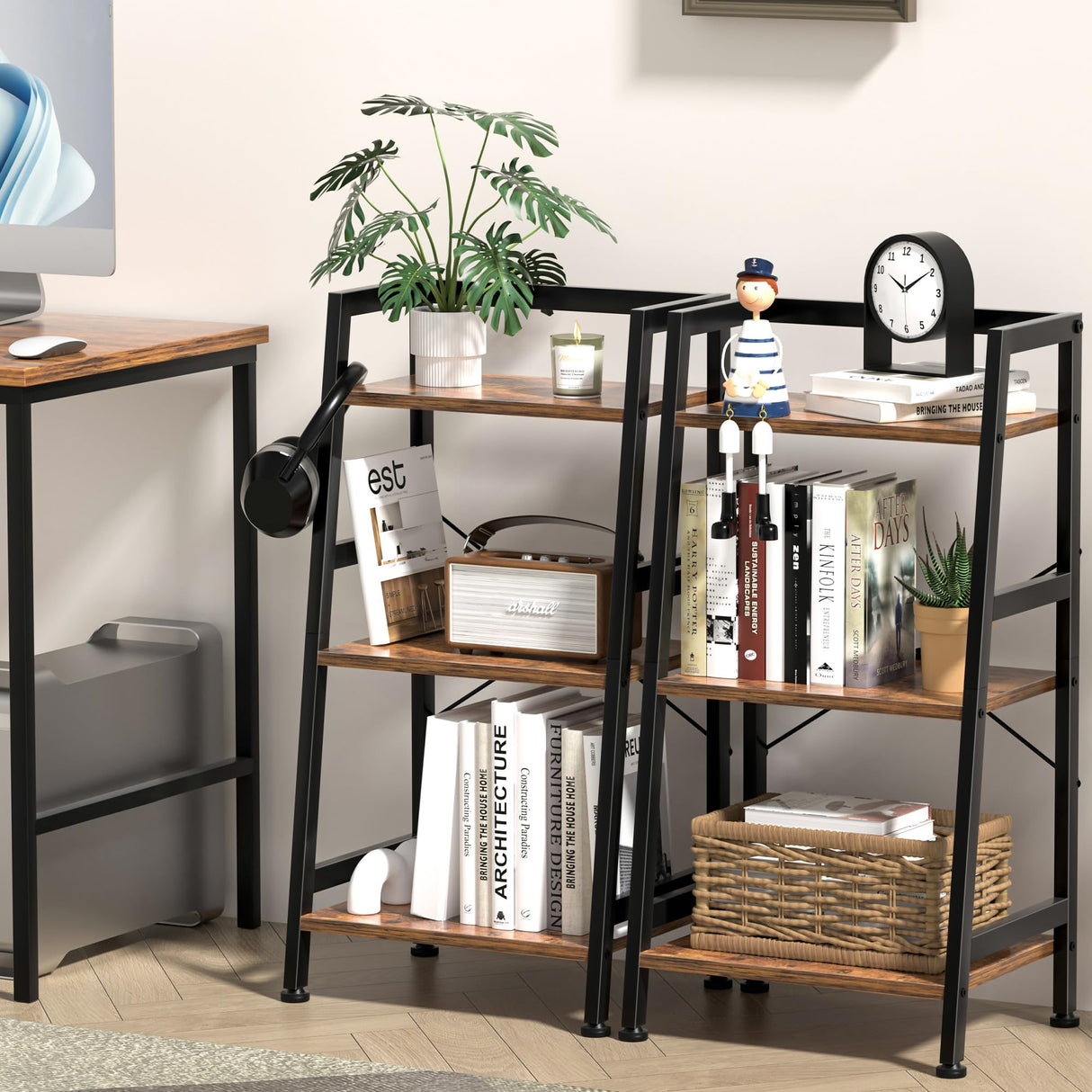 3-Tier Bookshelf, Ladder Shelf, Industrial Bookcase with Steel Frame, Metal Small Bookcase, Stand up Shelves for Living Room, Home Office, Kitchen, Bedroom, Industrial Style(Rustic Brown & Black) Homedawn