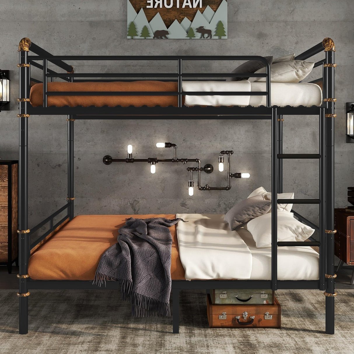 Queen Over Queen Bunk Bed, Heavy Duty Metal Bunk Beds with Ladder for Kids Adults, Space-Saving Bunk Bed with Safety Guardrails and Wood Headboard, Convertible into 2 Beds, No Box Spring Needed, Black RuiSiSi