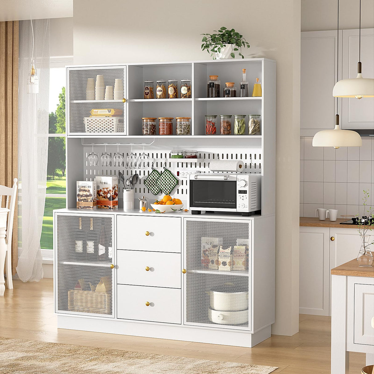 VOWNER Large Kitchen Hutch Cabinet with 3 Metal Doors & Pegboard, Pantry Storage Cabinet with Cup Holder & Power Outlet, Freestanding Cupboard for Kitchen, Dining Room (White) VOWNER