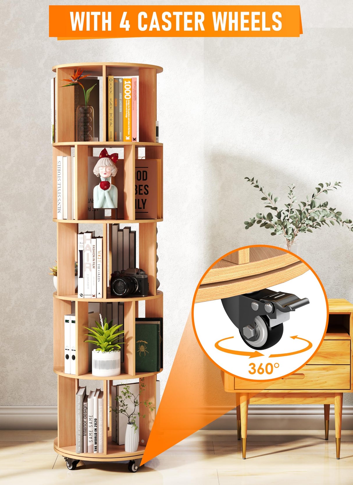 Suuiwau 5-Tier Rotating Bookshelf 360 ° Spinning Bookshelf Tower Wood Revolving Bookcase Corner Kids Bookshelves,Tall Narrow Storage Organizer with Sturdy Construction for Bedroom, Living Room Suuiwau