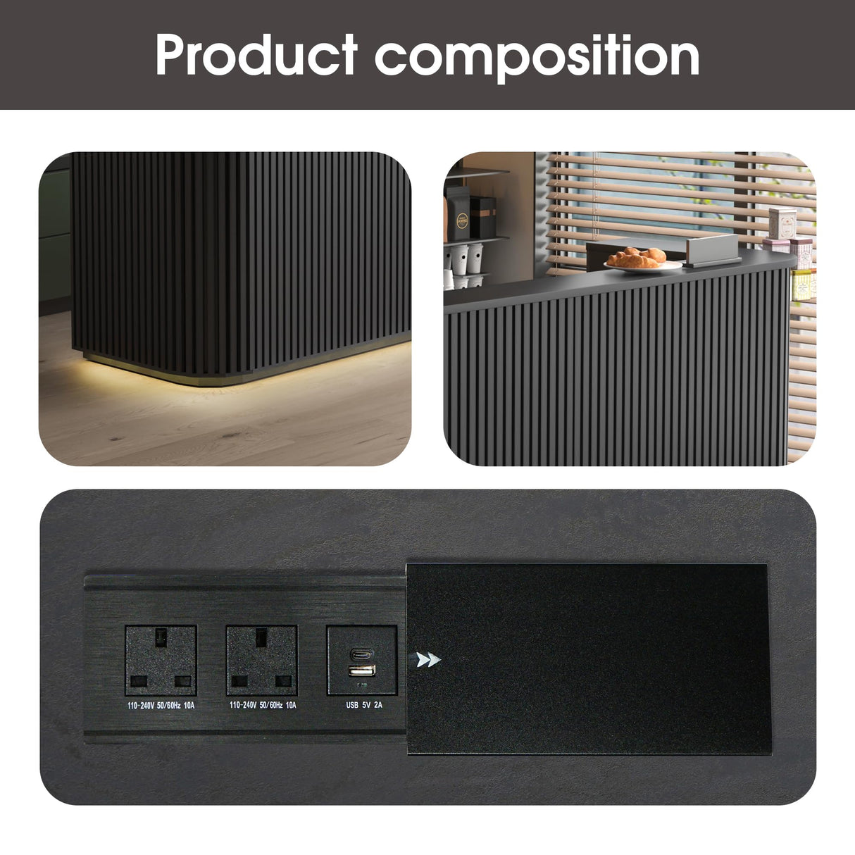 ONNAHOMEStlyle 70.87in Black Curved Reception Desk with Lock Counter, Mid Century Front Desk Reception Room Table with LED Lights, Retail Counter for Checkout, Lobby, Beauty Salon ONNAHOMEStlyle