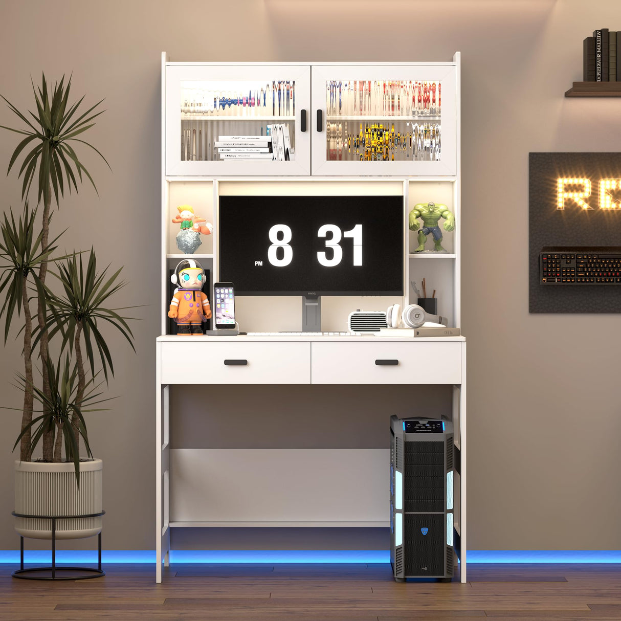 LVSOMT Home Office Desk with Hutch, Modern Computer Gaming Desk with LED Lights & Power Outlets, White Study Table with Storage Shelves, Teen Writing Desk for Bedroom, 40'' W LVSOMT