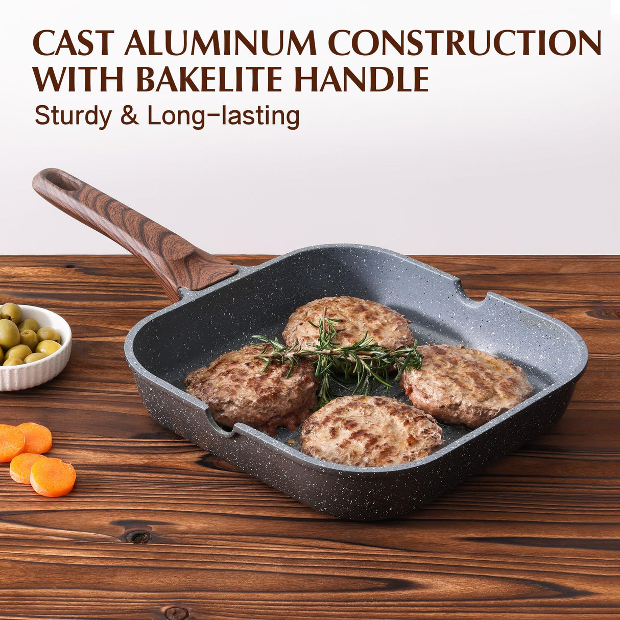 SENSARTE Nonstick Grill Pan for Stove Tops, Versatile Griddle with Pour Spouts, Square Big Cooking Surface, Durable Skillet Indoor & Outdoor Grilling. PFOA Free, 9.5 Inch SENSARTE