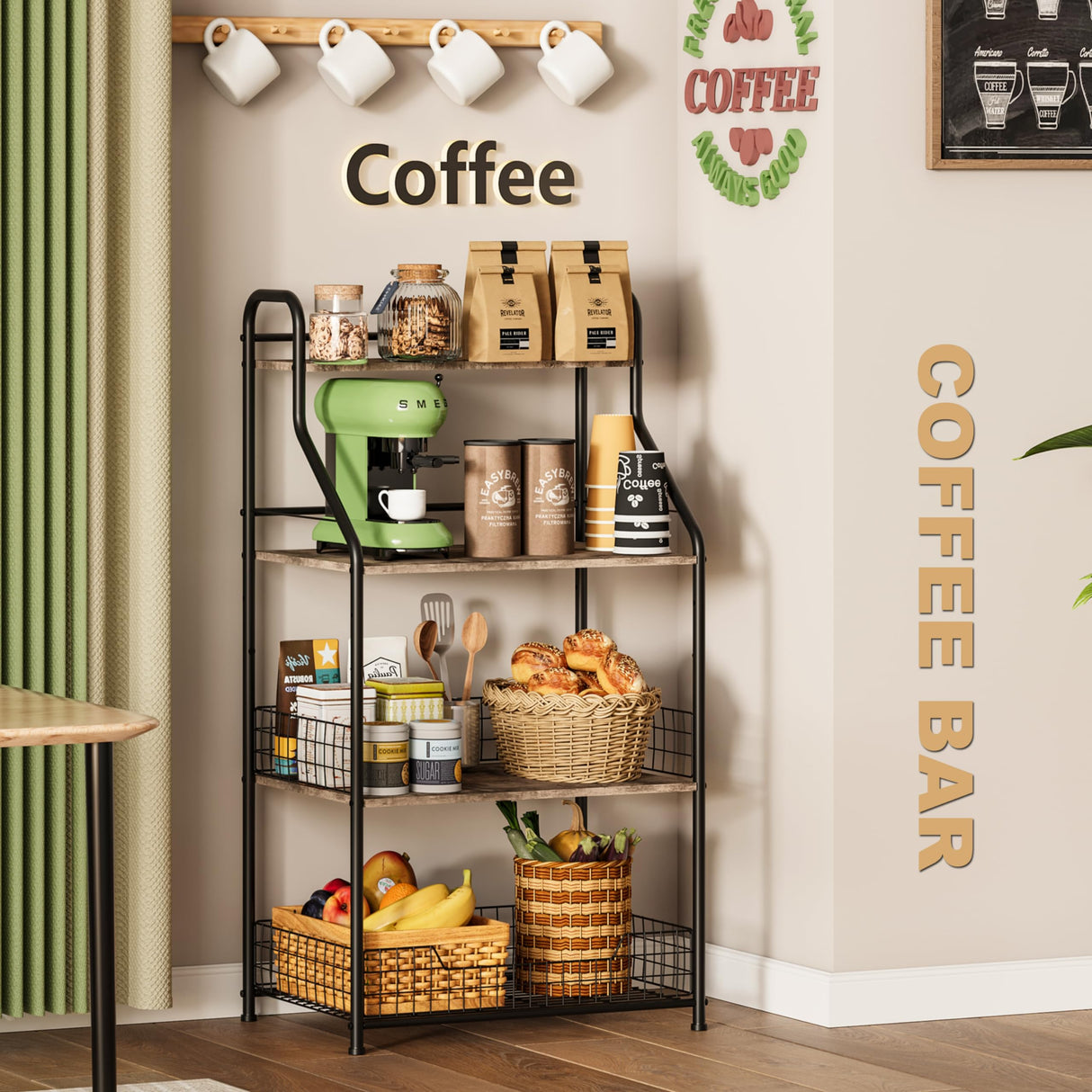 Microwave Stand with Storage 4-Tier, Bakers Racks for Kitchens, Coffee Cart Microwave Cart with Storage, Metal Bakers Rack with Storage, Coffee Cart with 5 S-Hooks Sonyabecca