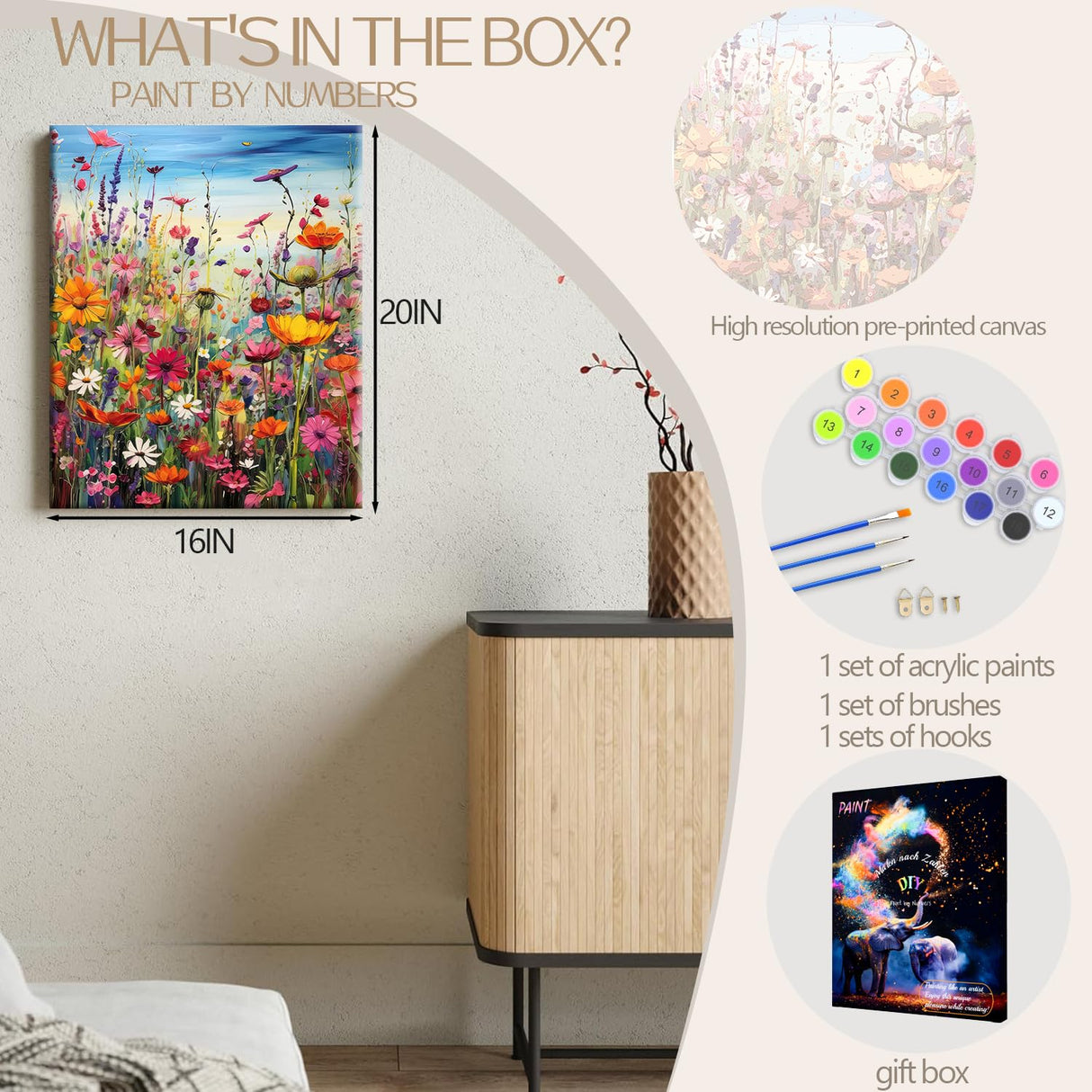 88iiAii Paint by Numbers Kit for Adults Beginner, Painting by Number Flowers with 3 Brushes and Acrylic Can Be Used As A Gift Or Wall Decoration, with Gift Box(16x20 Inch) 88iiAii