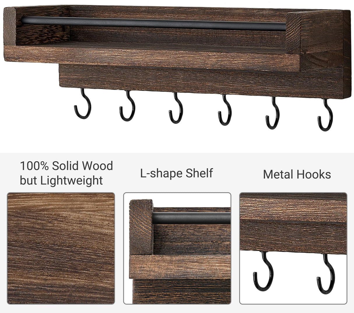 Mkono Key Holder for Wall 9.5" x 3.5" x 2.5" Small Rustic Wood Key Rack with 6 Hooks Decorative Display Keys Hanger Organizer for Entryway Living Room Bedroom Bathroom Office Home Decor Mkono