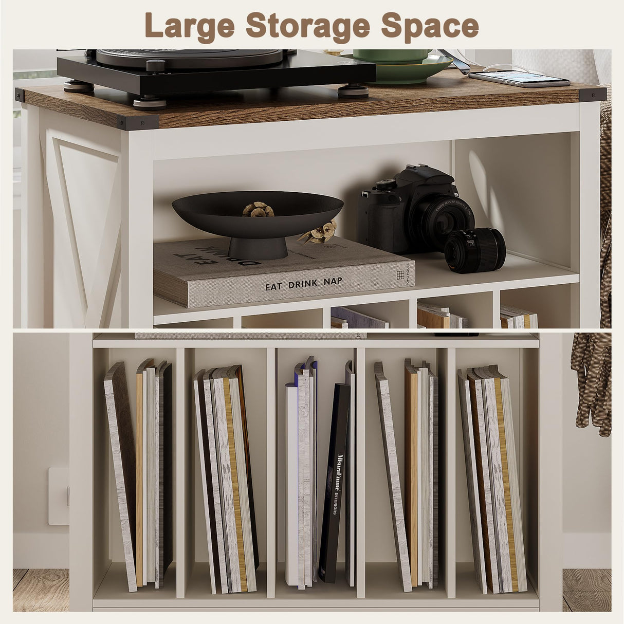 ChooChoo Large Record Player Stand with Charging Station & LED Light, Vinyl Record Holder hold up to 300 Albums, Farmhouse End Table for Bedroom, Living Room, Soft White ChooChoo