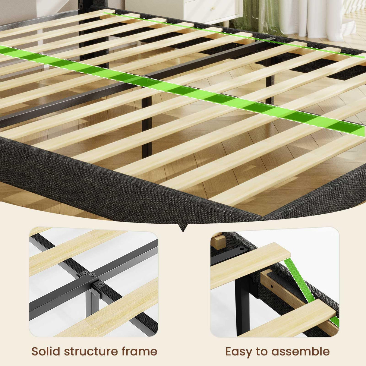 Driftalia LED Queen Bed Frame with 2 Storage Drawers, Upholstered Bed Frame Queen Size with Headboard and Charging Station, No Box Spring Needed, Easy to Assembly-Dark Grey Driftalia