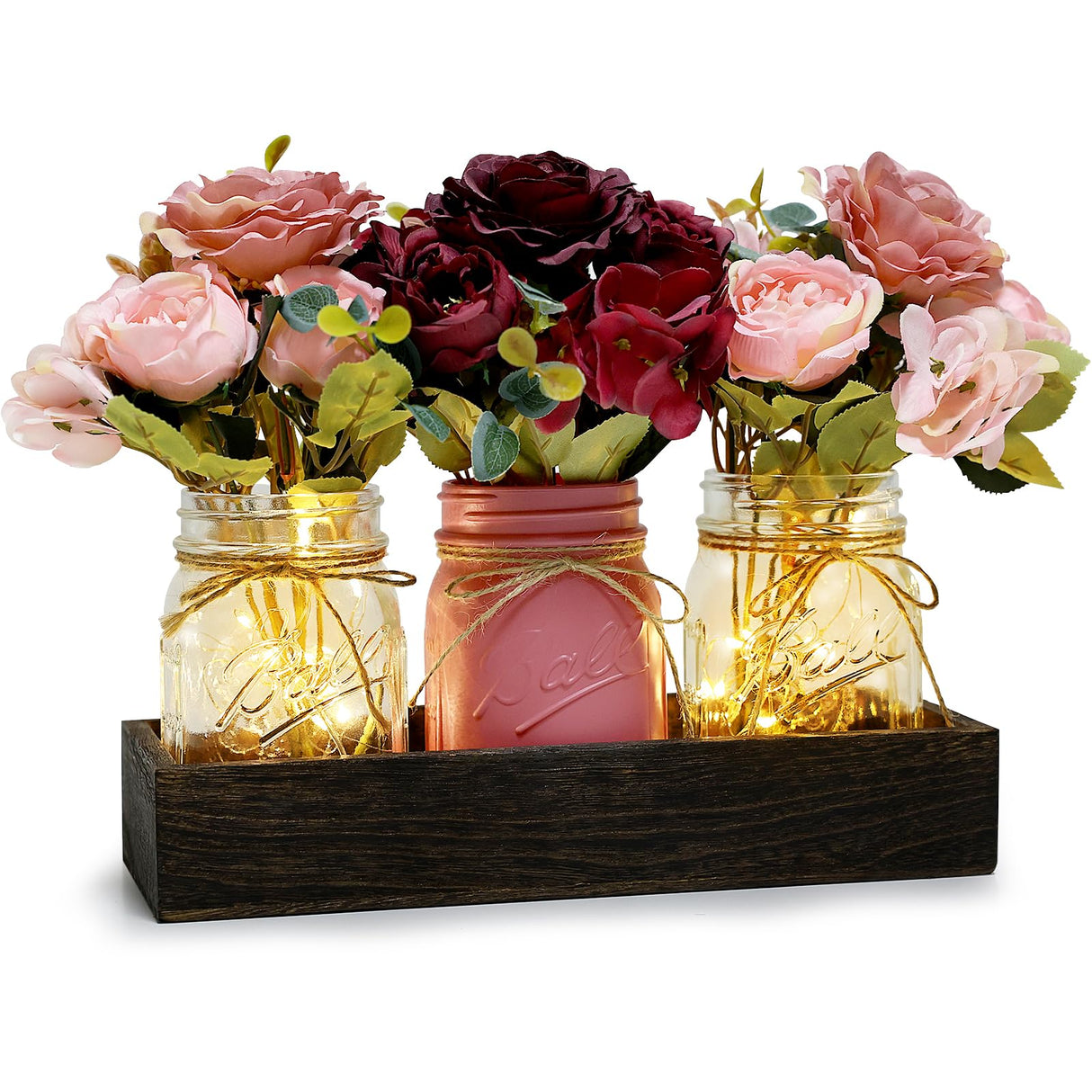 Nagobi Christmas Mason Jar Centerpiece Table Decor for Dining Room Farmhouse Coffee Table Decor with Wood Tray Fairy Lights Fake Flowers for Kitchen Living Dining Room - Burgundy Pink, 11 inches Nagobi