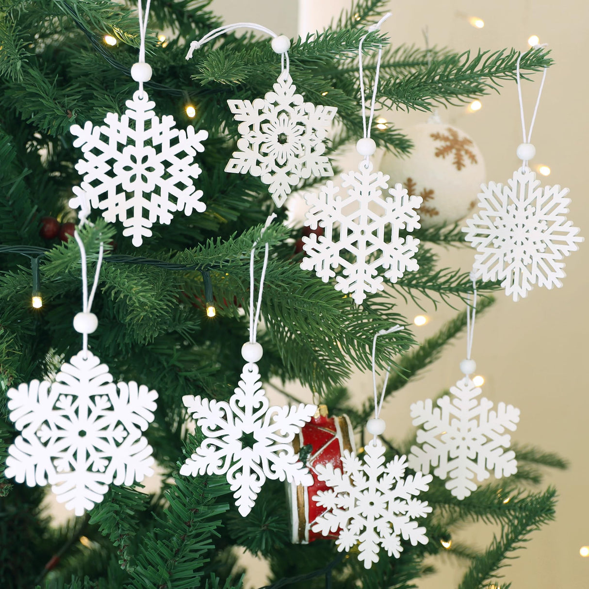 16 Pieces White Snowflakes Ornaments 3inch Wooden Snowflake Christmas Ornament for Winter Home Tree Garland Christmas Decoration Holiady Crafts 8 Styles HUADODO