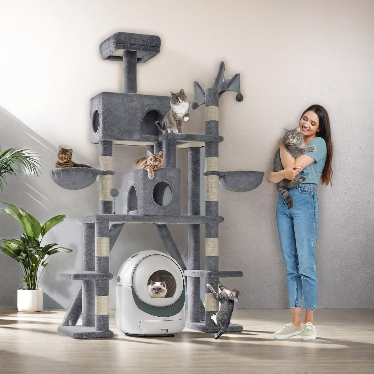Meowloday 74" Cat Tree for Self-Cleaning Litter Box, Tall Cat Tree Tower with Scratching Posts Condos Hammocks Dangling Balls, Kittens Tower Furniture for Large Automatic Litter Box, Grey Meowloday