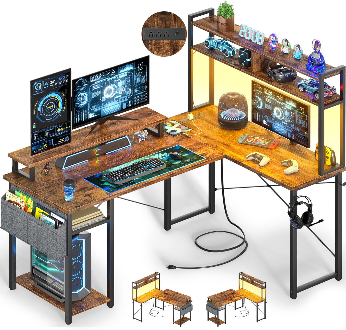 Besiost Small L Shaped Gaming Desk with Power Outlets, 48" Reversible L Shaped LED Computer Desk with Monitor Stand & Storage Shelf, Corner Gamer Desk Home Office Desk with Storage Bag, Rustic Brown Besiost