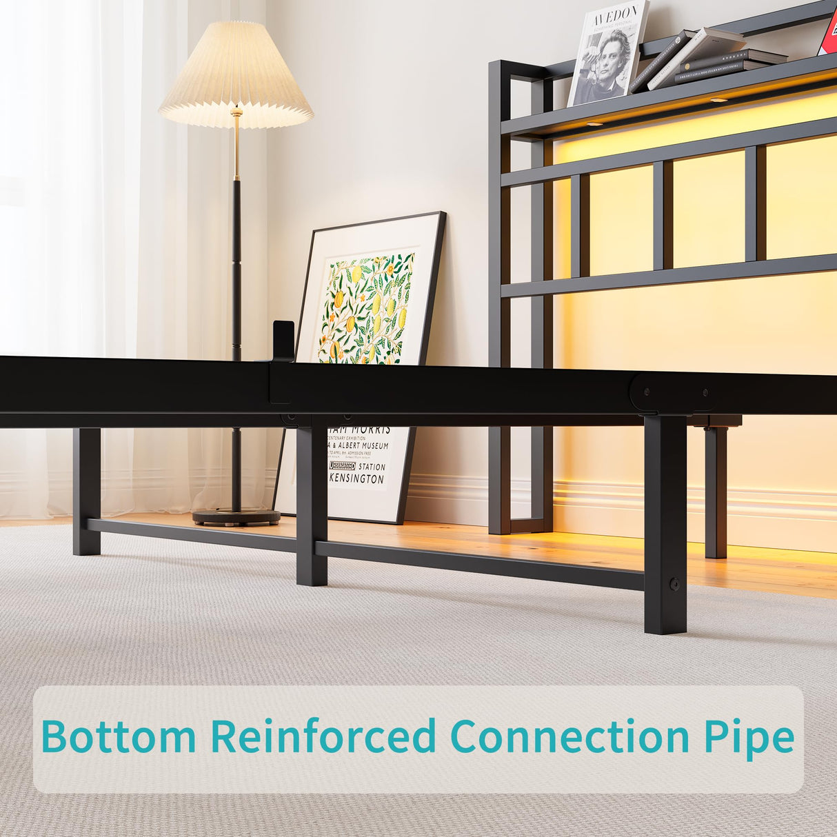 Maliacife Full Size Bed Frame with USB Charging Station, LED Bed with Wood Storage Headboard, Black Metal Platform Bed,Heavy Duty Steel Slats Support,No Box Spring Needed, Noise Free,Easy Assembly Maliacife