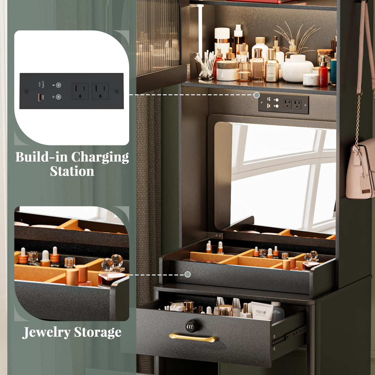 NUNU LAB Small Vanity Desk with Mirror and Lights, 3 in 1 Tall Makeup Vanity Set with Charging Station, Compact Mini Corner Vanity Set Dressing Table for Bedroom Checkroom NUNU LAB