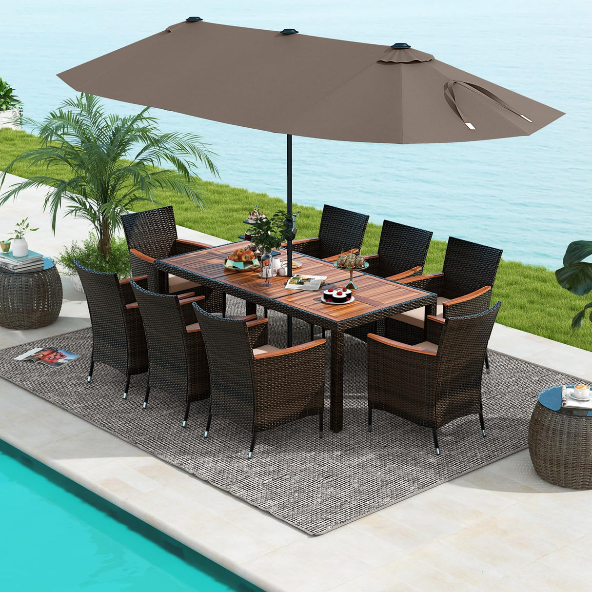 Tangkula 11 Pieces Patio Dining Set with 15ft Double-Sided LED Patio Umbrella (Base Included), Outdoor Rattan Furniture Set with 8 Stackable Chairs, Acacia Wood Dining Table and Umbrella (Coffee) Tangkula