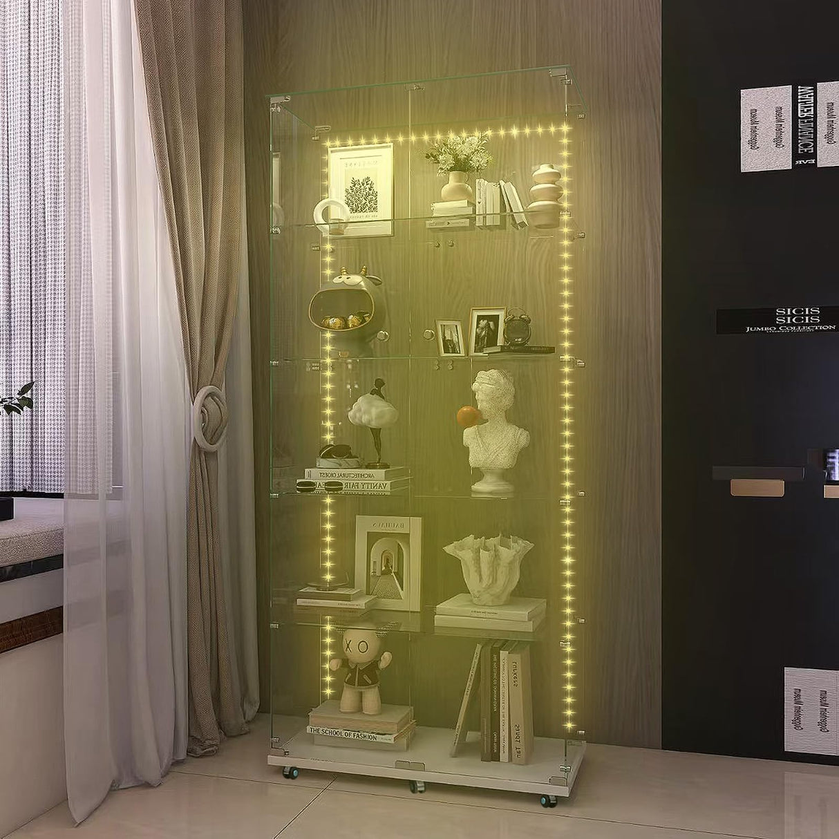 Buzleer Glass Display Cabinet with Lock LED Lighting 5-Tier 2-Door Curio Cabinets Full Vision Showcase Tempered Glass Display Case with Wheels for Living Room Bedroom Office, 74.6"*30.9"*13.6",White Buzleer