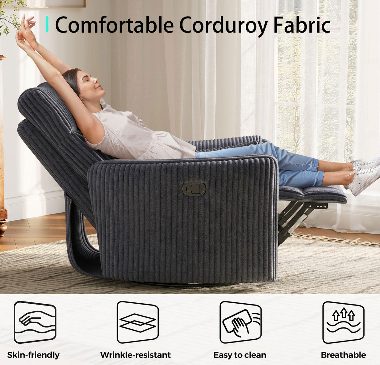 LINSY 360 Swivel Nursery Recliner - Corduroy Glider Rocking Chair with 2 Pillows, Comfy High Back Adult Recliner for Small Spaces, Nursery Bedroom Living Room Reclining Chairs, Grey LINSY