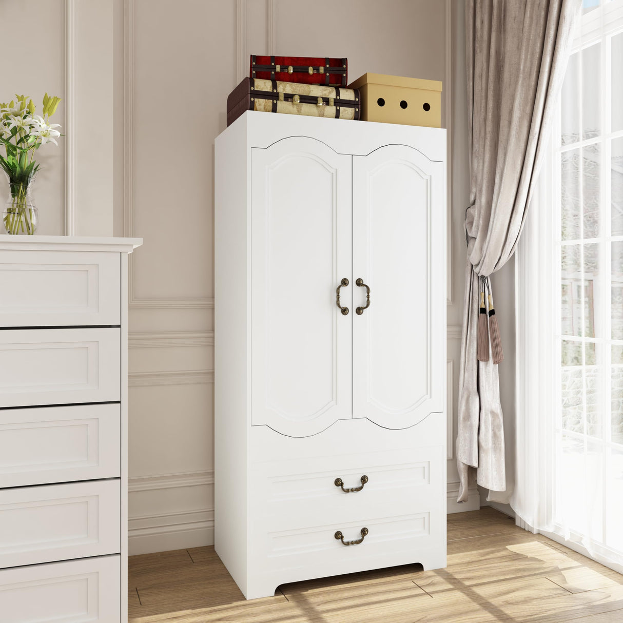 Janmer Home Armoire Wardrobe Closet with 2 Drawers, Tall Wooden Wardrobe Closet with 2 Doors and Hanging Rail, Free Standing White Armoire for Bedroom (Retro, White) Janmer Home