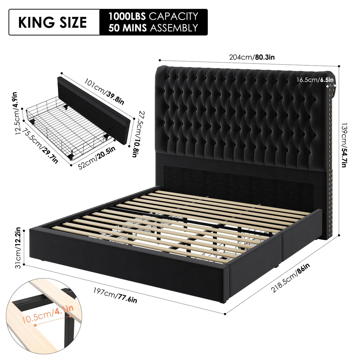 King Size Bed Frame 55" Tall Headboard with Gorgeous Button Tufted and Nail, Velvet Fabric Upholstered Bed Frame includes 4 Under-bed Storage Drawers, Wooden Slats, Noise-Free, Easy Assembly, Black Keyluv